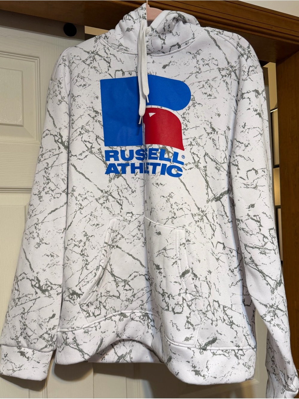 Russell Athletic White Marble-Print Crewneck with Blue and Red Logo